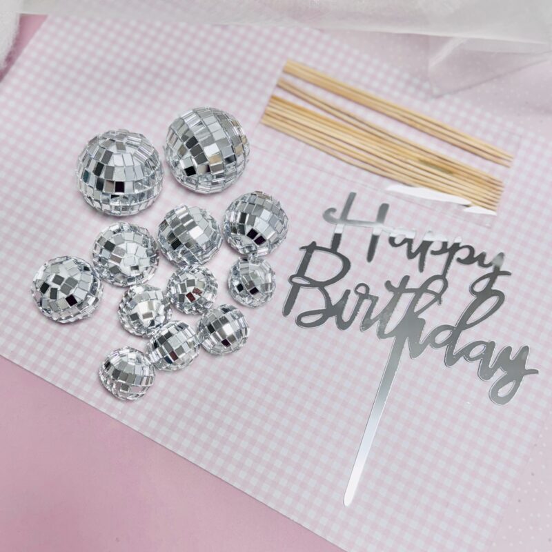 ZIlver Discoballen Cake topper 12st/set + Topper Happy Birthday